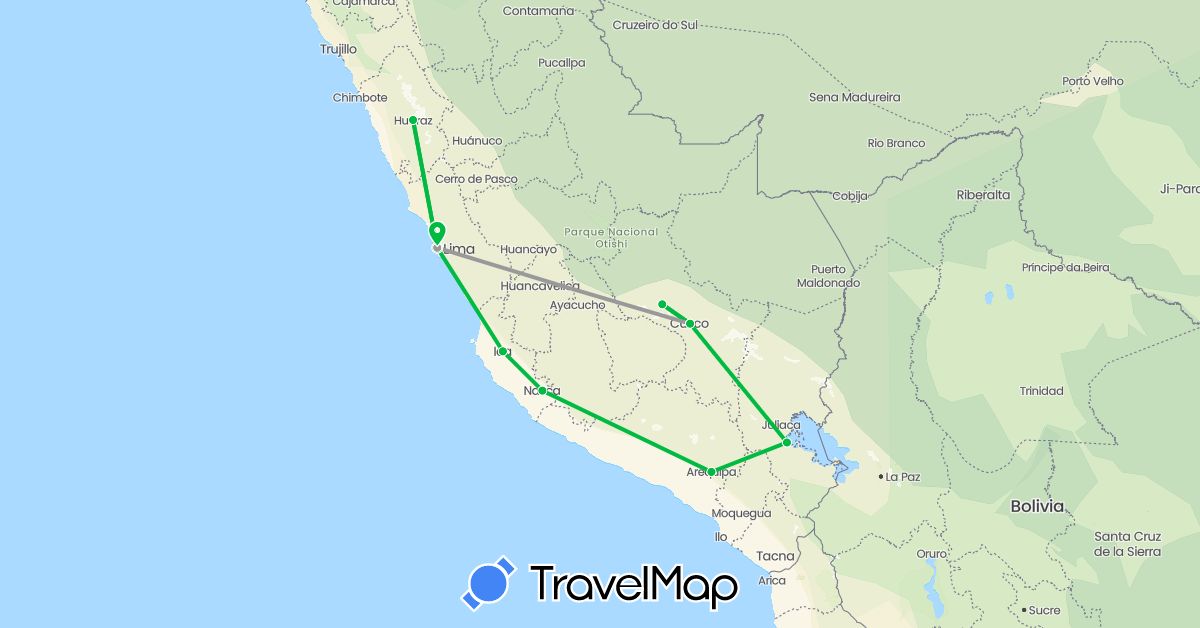 TravelMap itinerary: bus, plane, hiking in Peru (South America)